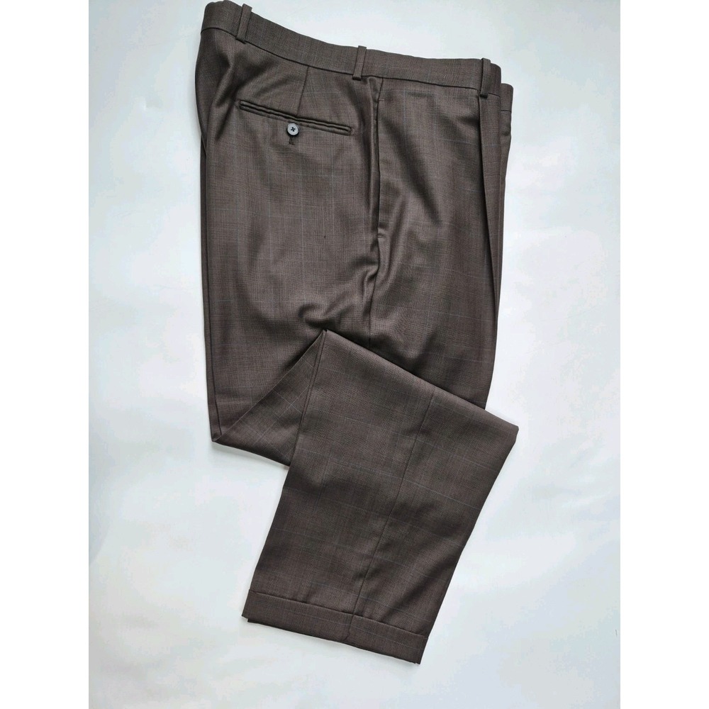 Tasso Elba Mens 36x30 Pleated Wool Dress Pants Brown Plaid Cuffed